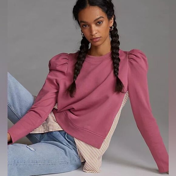 Anthropologie Maeve Puff Sleeve Twofer Layered Tunic Sweatshirt Pink Combo Sz S - Picture 2 of 12